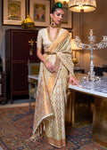 PEARL WHITE COPPER ZARI WOVEN PURE KHADDI GEORGETTE BANARASI SAREE