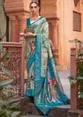 Ivory White & Pink Woven Paithani Silk Saree