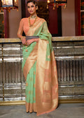 Mint Green Woven Pure Handloom Linen Saree