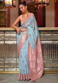 Sky Blue Woven Pure Handloom Linen Saree
