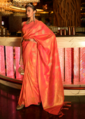 Coral Orange Zari Woven Pure Handloom Banarasi Silk Saree