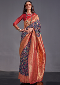 Navy Blue Resham Woven Kashmiri Jamewar Silk Saree