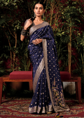 Navy Blue Woven Pure Viscose Dola Silk Banarasi Saree