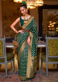 BOTTLE GREEN COPPER ZARI WOVEN PURE KHADDI GEORGETTE BANARASI SAREE