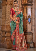 Teal Green & Red Zari Woven Kanjivaram Paithani Silk Saree