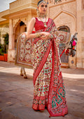Pearl White & Red Woven Patola Silk Saree