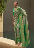 Jade Green Zari Woven Two Tone Handloom Kanjivaram Silk Saree