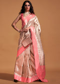 Pearl White & Peach Zari Woven Pure Handloom Kanjivaram Silk Saree