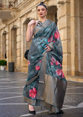 Teal Blue Woven Printed Brasso Handloom Silk Saree
