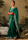 GREEN WOVEN HEAVY EMBROIDERED PREMIUM DESIGNER SILK SAREE