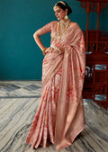 Peach Zari Woven Printed Handloom Crepe Silk Saree
