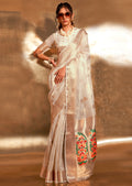 White Zari Woven Pure Paithani Tissue Silk Saree