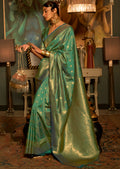 Golden Teal Green Zari Woven Pure Handloom Kanjivaram Silk Saree