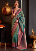 Golden peacock Green Zari Woven Pure Handloom Kanjivaram Silk Saree