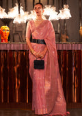 Carrot Pink Zari Woven Handloom Pure Linen Saree