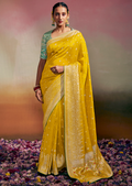 GOLDEN YELLOW WOVEN PURE CHINON CHIFFON DESIGNER SILK SAREE