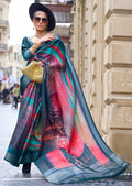 Teal Blue Woven Pure Handloom Printed Gajji Silk Saree