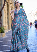 Steel Blue Woven Digital Printed Satin Crepe Silk Saree