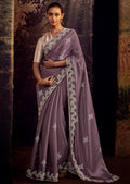 HEATHER PURPLE PURE TISSUE SILK HEAVY EMBROIDERED DESIGNER SAREE