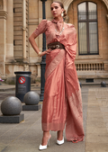 Peach Zari Woven Handloom Pure Banarasi Satin Silk Saree