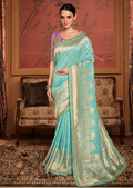 AQUA BLUE PURE CREPE SILK DESIGNER BANARASI SAREE