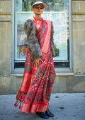 Coral Red Woven Pure Satin Organza Silk Saree