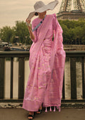 Lavender Pink Woven Pure Handloom Kashmiri Organza Silk Saree
