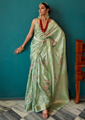 Tea Green Zari Woven Printed Handloom Crepe Silk Saree