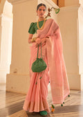 Crepe Pink Zari Woven Handloom Linen Tissue Silk Saree