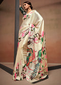 Cream White Woven Digital Printed Satin Crepe Silk Saree