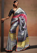 Grey Woven Digital Printed Satin Crepe Silk Saree