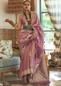 Periwinkle Purple Zari Woven Pure Handloom Satin Tissue Silk Saree