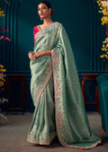 PERSIAN GREEN HEAVY EMBROIDERED BROCADE DESIGNER KANJIVARAM SILK SAREE
