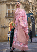 Carnation Pink Woven Printed Brasso Handloom Silk Saree