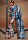 Steel Blue Woven Digital Printed Satin Crepe Silk Saree