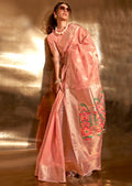 Peach Zari Woven Pure Paithani Tissue Silk Saree