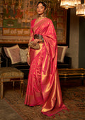 Golden Ruby Red Zari Woven Pure Handloom Kanjivaram Silk Saree