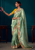 PISTA GREEN HEAVY EMBROIDERED BROCADE DESIGNER KANJIVARAM SILK SAREE