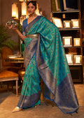 Teal Blue Zari Woven Pure Handloom Kanjivaram Silk Saree