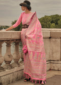 Carnation Pink Woven Pure Handloom Kashmiri Organza Silk Saree