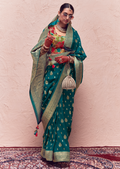 TEAL GREEN PURE CREPE SILK DESIGNER KHADDI BANARASI SAREE