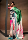 White Woven Digital Printed Satin Crepe Silk Saree