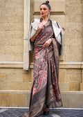 Dark Brown Woven Pure Handloom Printed Gajji Silk Saree