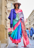 Turquoise Blue Woven Pure Handloom Printed Gajji Silk Saree