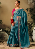 TEAL BLUE WOVEN HEAVY EMBROIDERED PREMIUM DESIGNER SILK SAREE