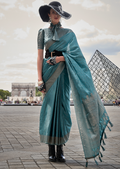 Light Teal Blue Zari Woven Handloom Pure Banarasi Satin Silk Saree