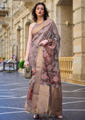 Dove Grey Woven Printed Brasso Handloom Silk Saree