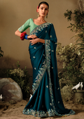 YALE BLUE WOVEN HEAVY EMBROIDERED PREMIUM DESIGNER SILK SAREE