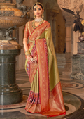 Olive Green & Red Woven Royal Patola Kanjivaram Silk Saree