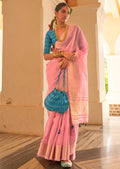Carnation Pink Zari Woven Handloom Linen Tissue Silk Saree